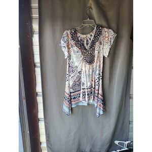 World Unity Womens Paisley Medallion Crochet Lace Sharkbite Hem Tunic Top Small
